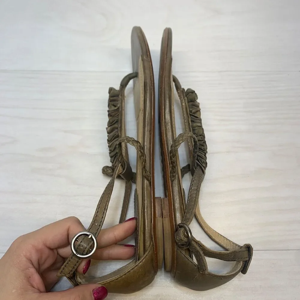 Frye Laurel Flower T Strap Sandals Brown‎ Leather Women's Size 9M